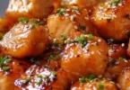 Air Fryer Honey Garlic Salmon Bites served in a plate with garnish