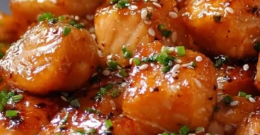 Air Fryer Honey Garlic Salmon Bites served in a plate with garnish