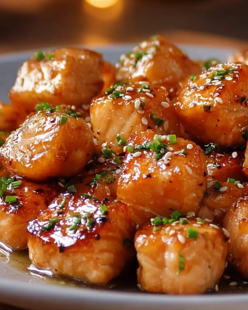 Air Fryer Honey Garlic Salmon Bites served in a plate with garnish