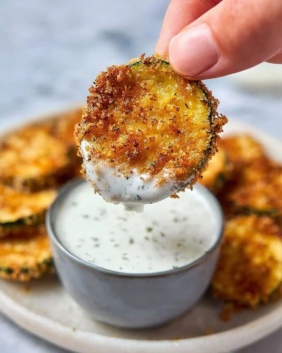 Plate of crispy air fryer zucchini chips seasoned and ready to eat