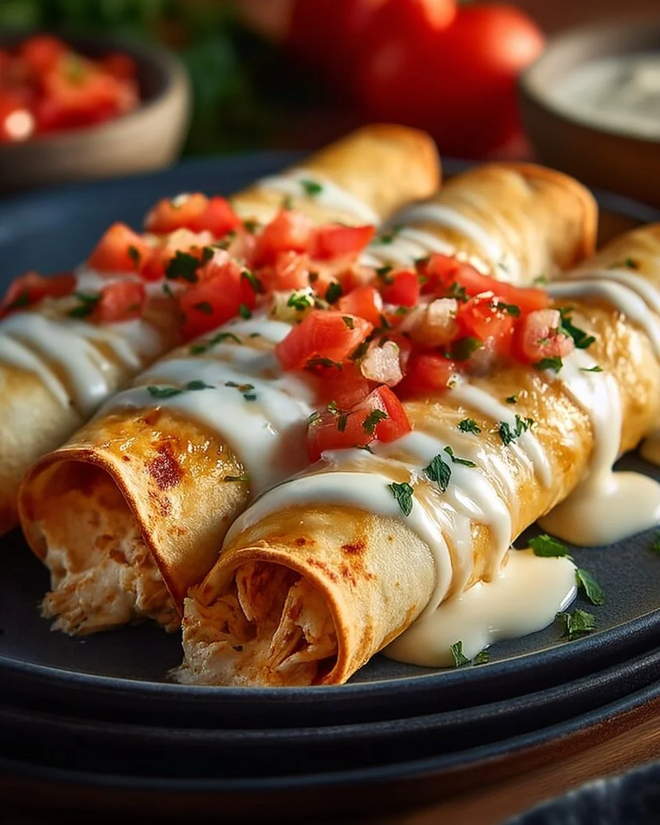 Baked cream cheese chicken taquitos served on a plate with dipping sauce