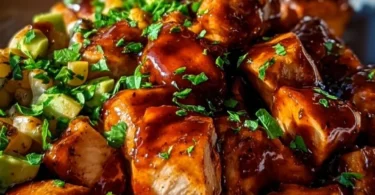 BBQ Chicken Sweet Potato Bowl topped with green onions and sauce