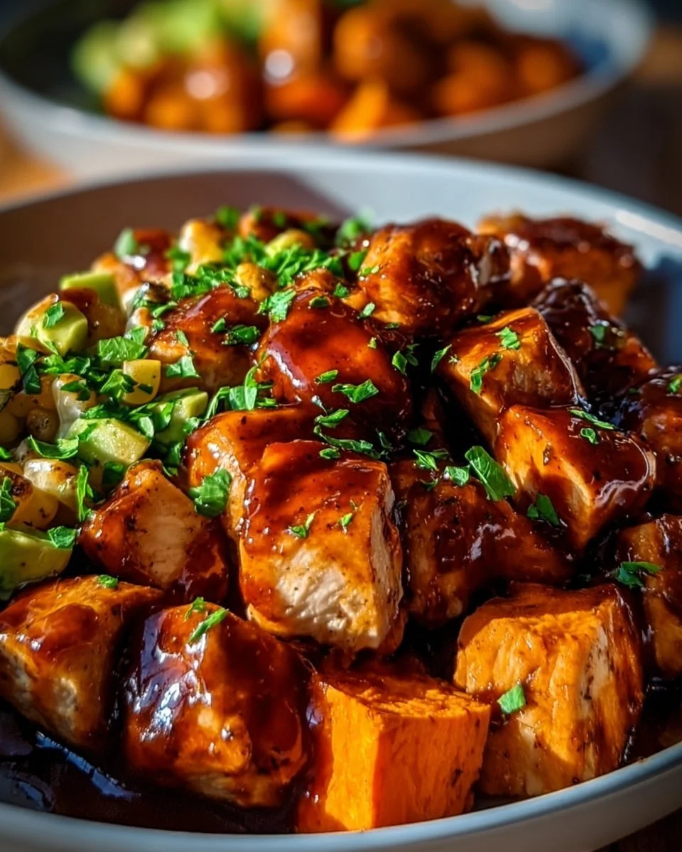 BBQ Chicken Sweet Potato Bowl topped with green onions and sauce