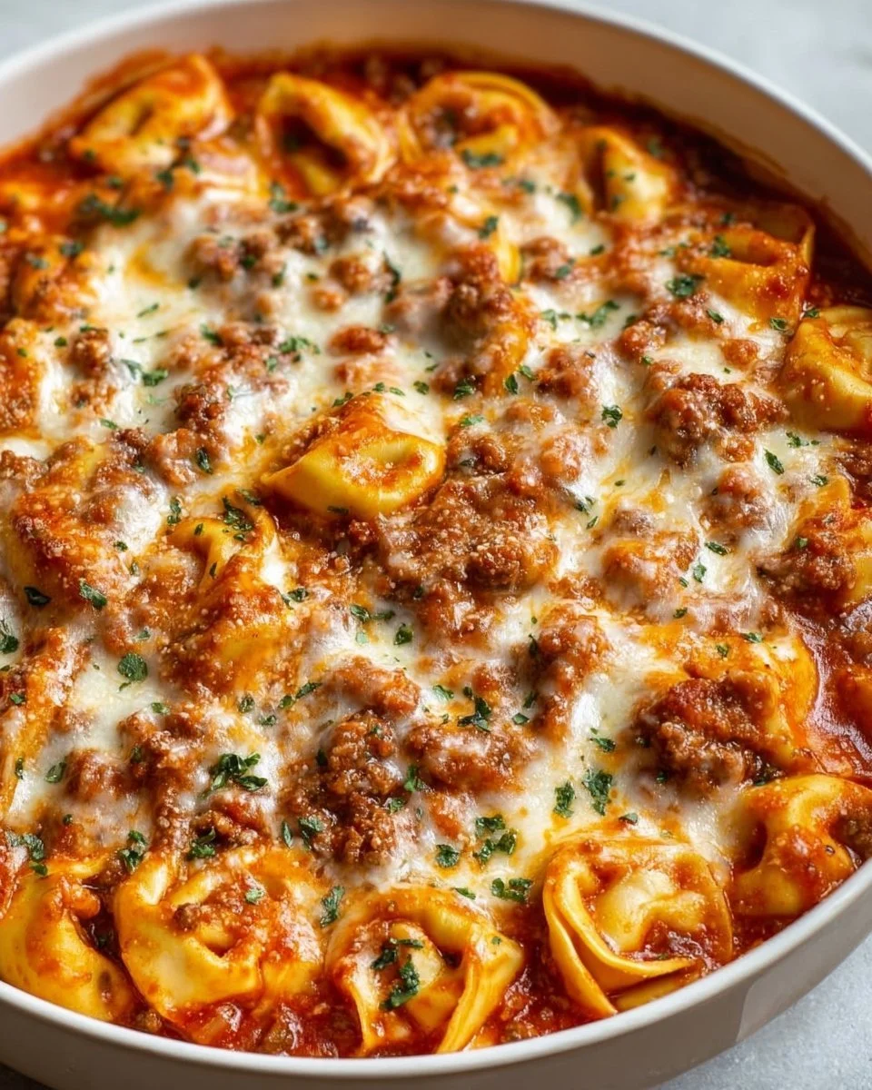 Delicious Beefy Tortellini Bake topped with cheese and herbs