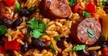 A bowl of black beans and rice with sausage, garnished with herbs.