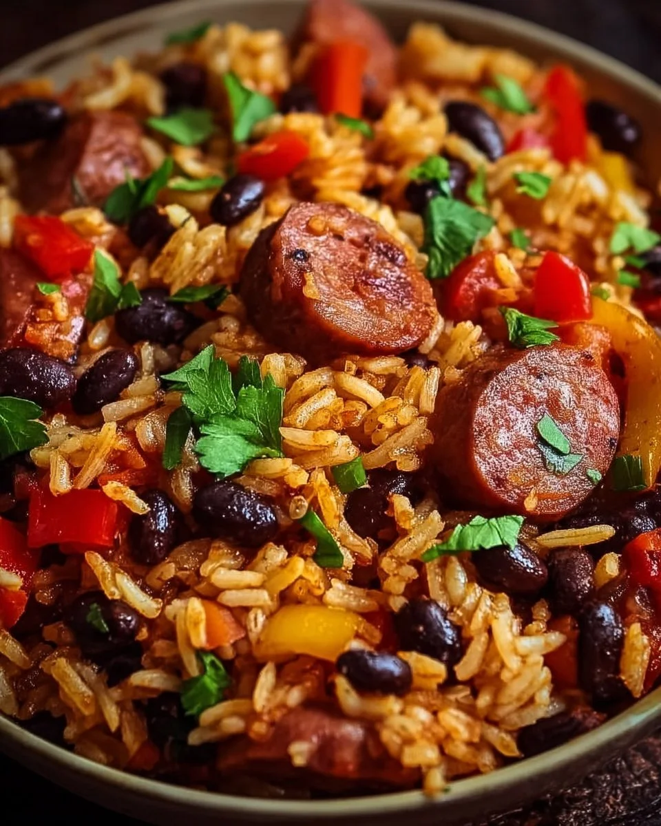 A bowl of black beans and rice with sausage, garnished with herbs.