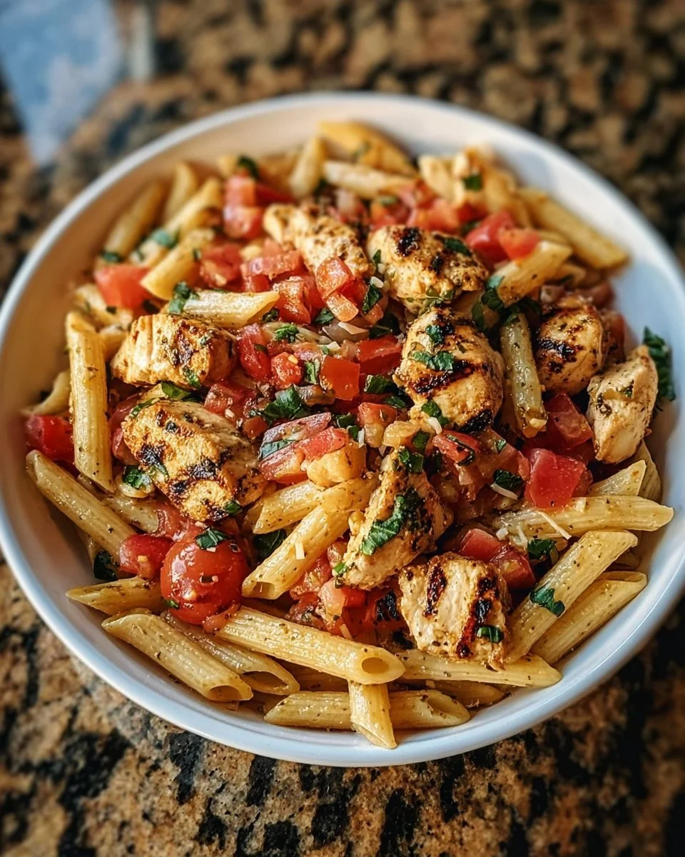 Delicious Bruschetta Chicken Pasta with fresh tomatoes and herbs