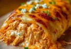 Delicious Buffalo Chicken Cheese Bake served in a baking dish.