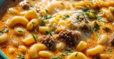 Bowl of cheeseburger macaroni soup garnished with fresh herbs and cheese.