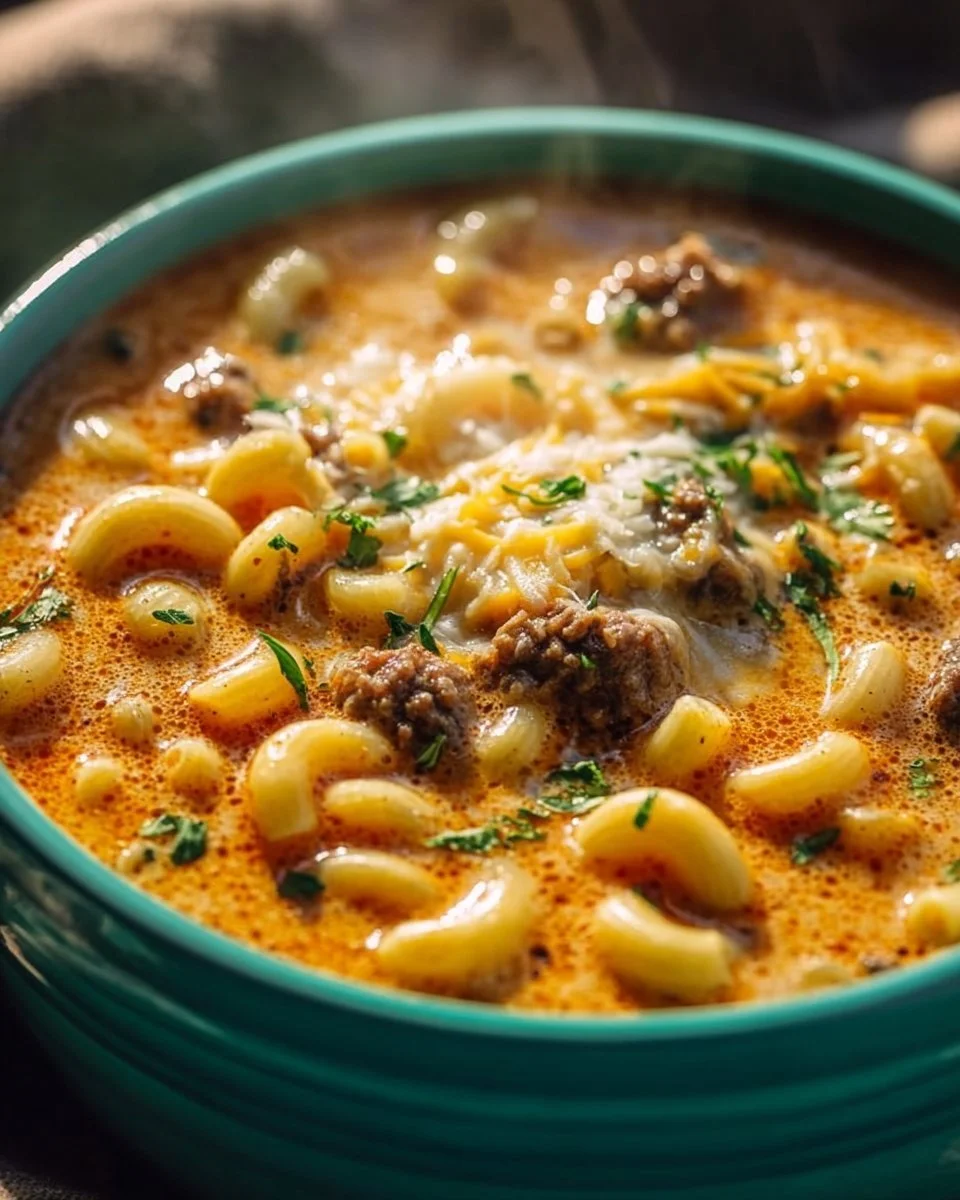 Bowl of cheeseburger macaroni soup garnished with fresh herbs and cheese.