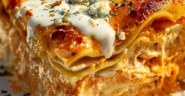 Cheesy Buffalo Ranch Chicken Lasagna layered with savory ingredients