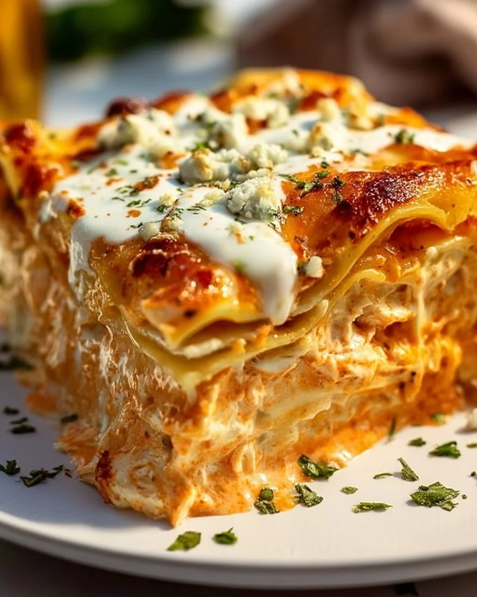Cheesy Buffalo Ranch Chicken Lasagna layered with savory ingredients