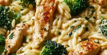 Cheesy Chicken Broccoli Orzo dish served in a white bowl with a creamy texture.