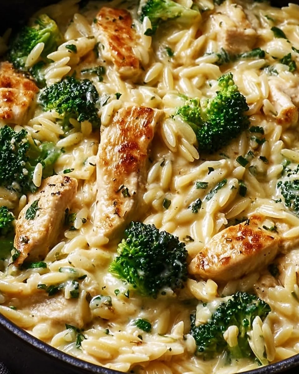 Cheesy Chicken Broccoli Orzo dish served in a white bowl with a creamy texture.