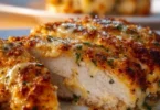Delicious cheesy crust chicken with golden, crispy edges.