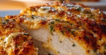 Delicious cheesy crust chicken with golden, crispy edges.