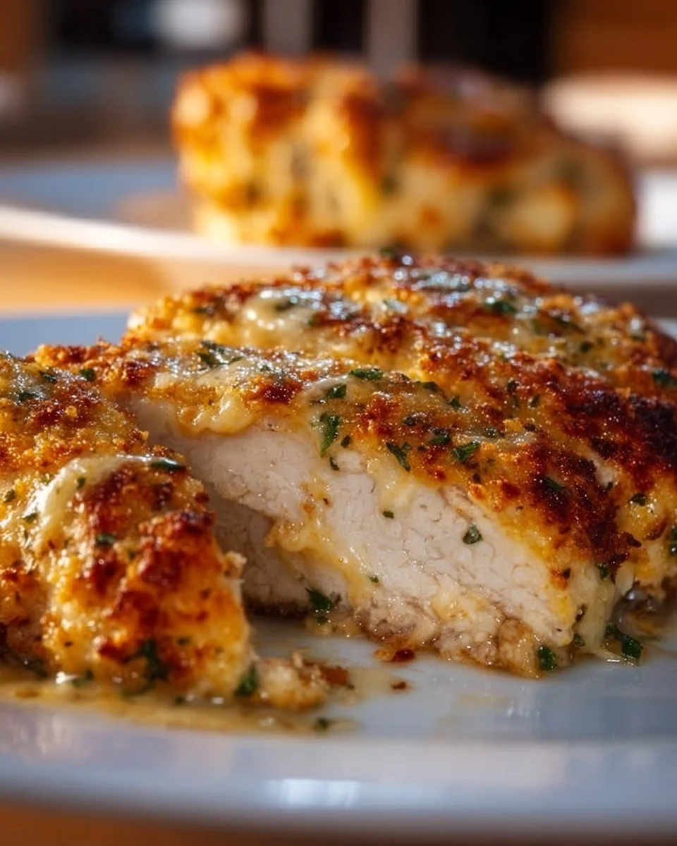 Delicious cheesy crust chicken with golden, crispy edges.