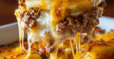 Cheesy hamburger potato casserole served in a baking dish with melted cheese on top.