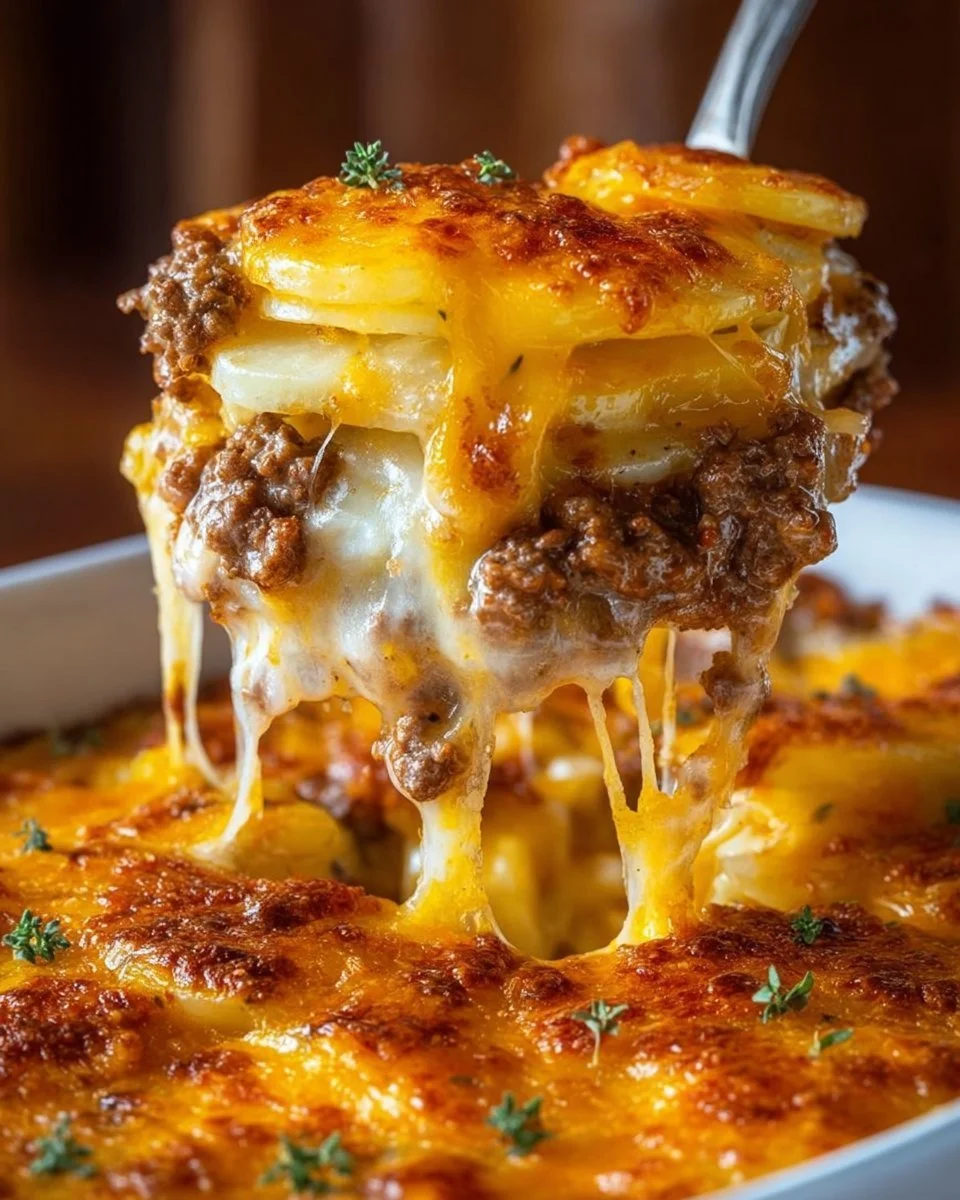 Cheesy hamburger potato casserole served in a baking dish with melted cheese on top.