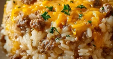 Cheesy hamburger rice casserole served in a baking dish