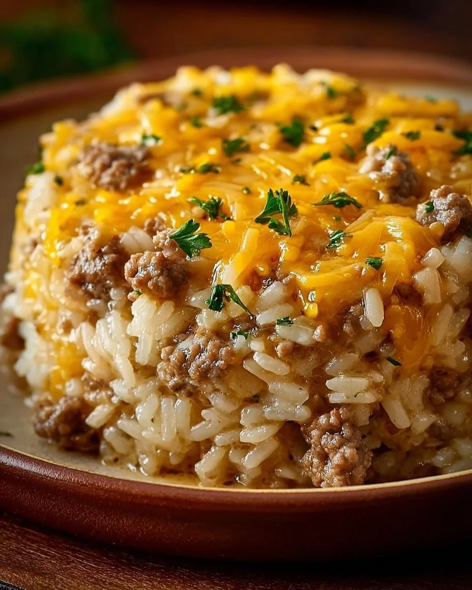 Cheesy hamburger rice casserole served in a baking dish