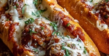 Delicious cheesy meatball subs loaded with melted cheese and savory meatballs.
