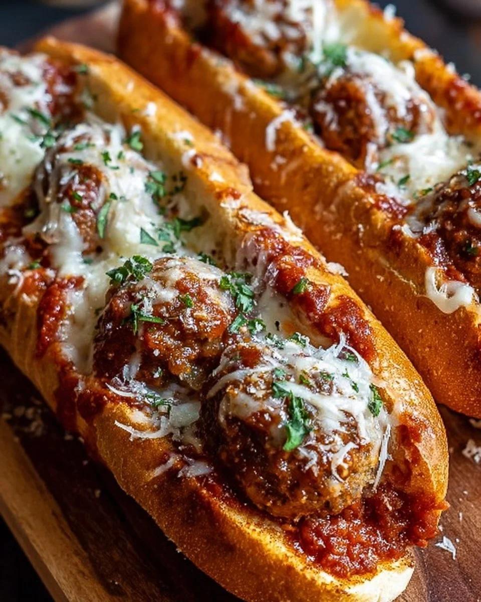 Delicious cheesy meatball subs loaded with melted cheese and savory meatballs.