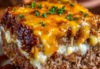 Delicious cheesy meatloaf casserole baked to perfection