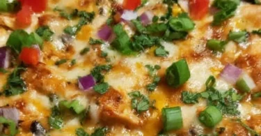 Delicious Chicken Burrito Casserole topped with melted cheese and fresh ingredients