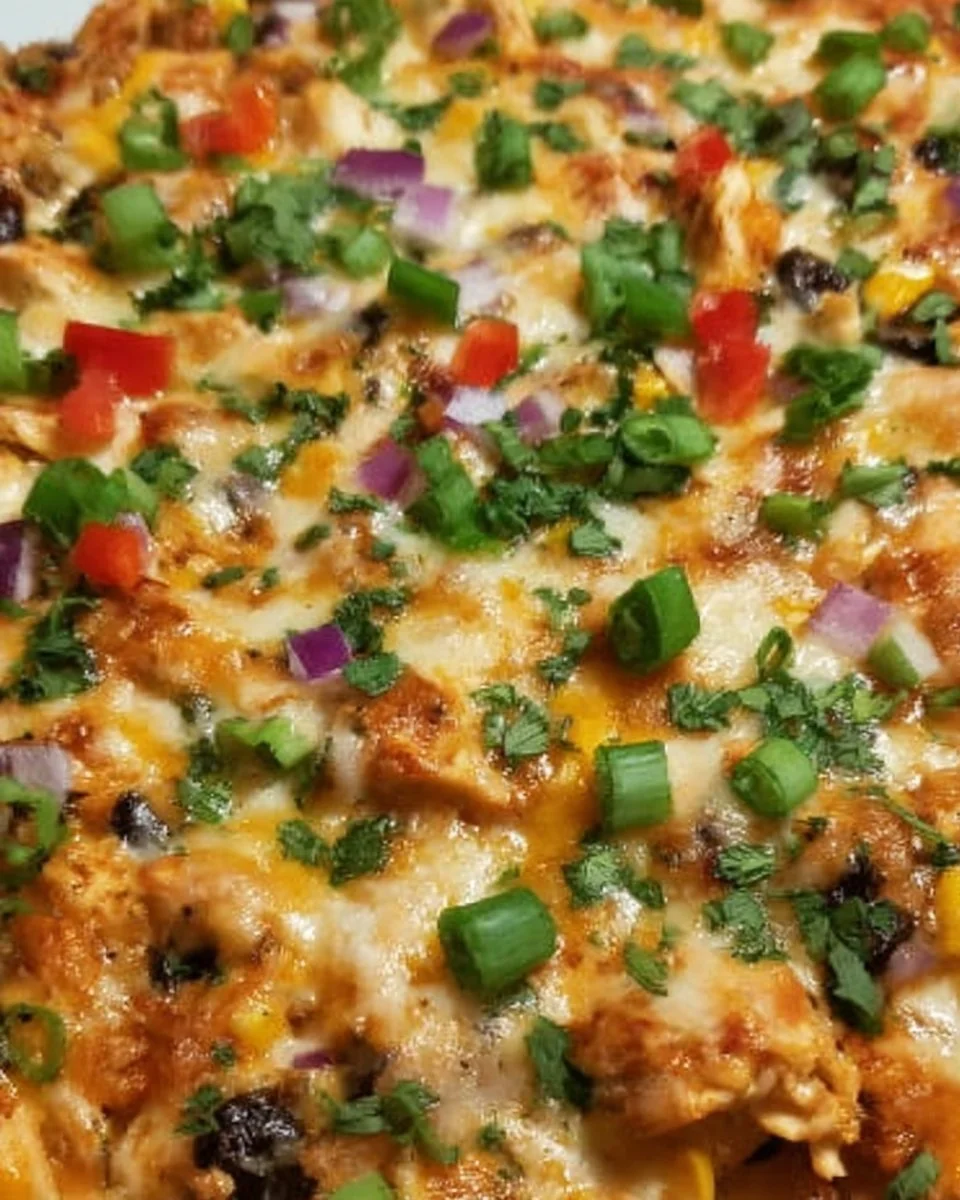 Delicious Chicken Burrito Casserole topped with melted cheese and fresh ingredients