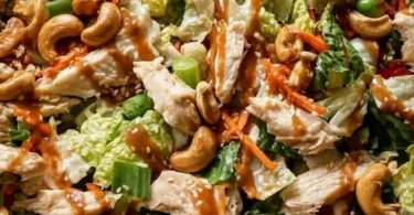 Delicious Chicken Cashew Crunch Salad with fresh vegetables and cashews