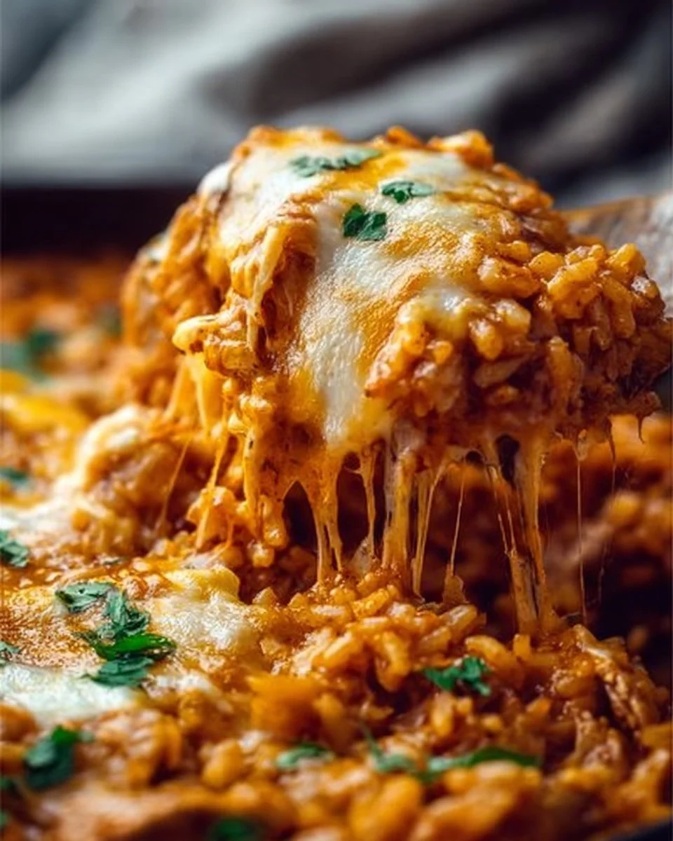 Delicious chicken enchilada rice casserole topped with cheese and herbs.