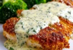 Delicious Chicken in Basil Cream Sauce garnished with fresh basil leaves