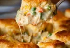Delicious Chicken Pot Pie topped with biscuits, filled with chicken and vegetables
