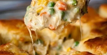 Delicious Chicken Pot Pie topped with biscuits, filled with chicken and vegetables