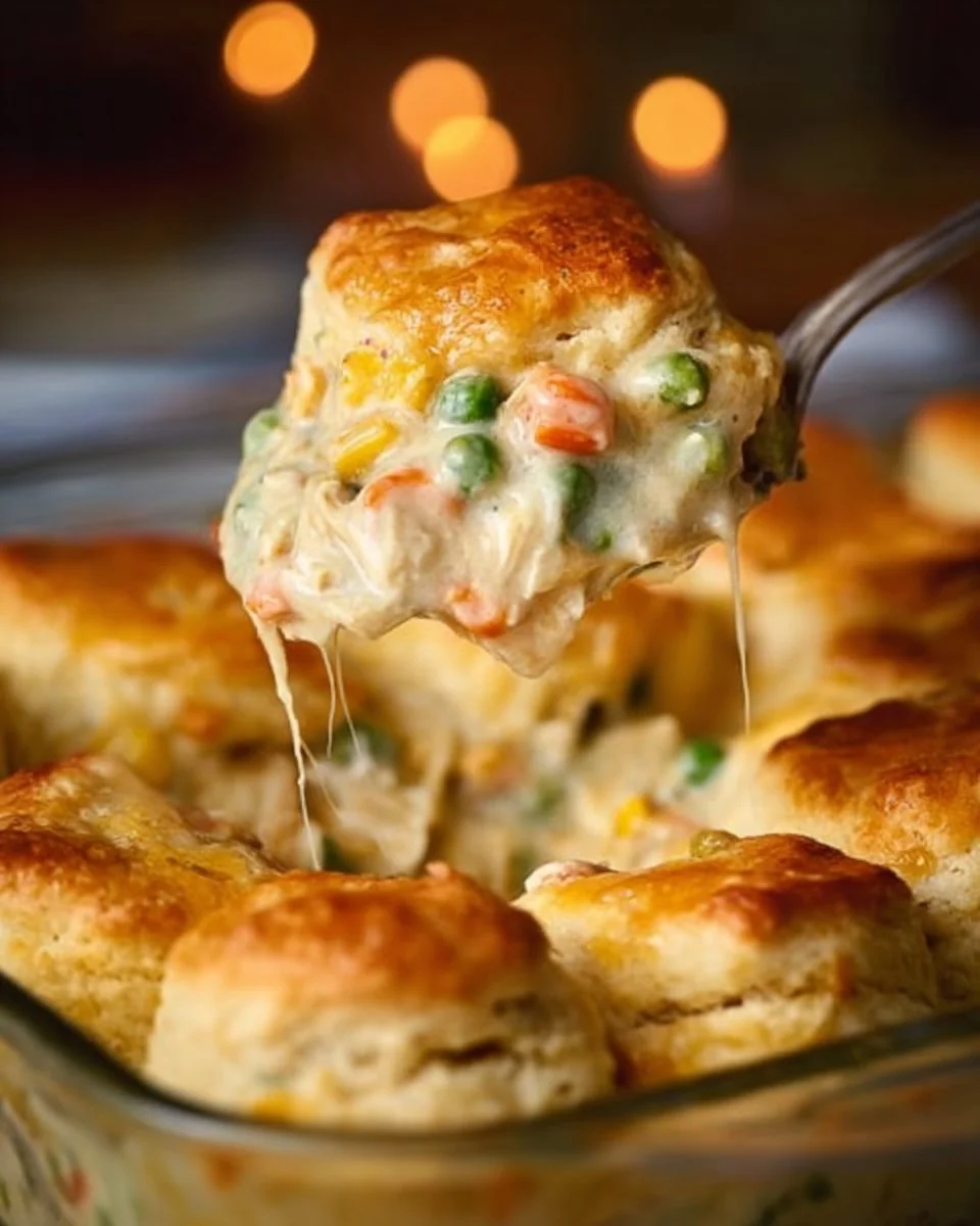 Delicious Chicken Pot Pie topped with biscuits, filled with chicken and vegetables