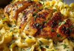 Plate of Chicken with Buttered Noodles garnished with parsley