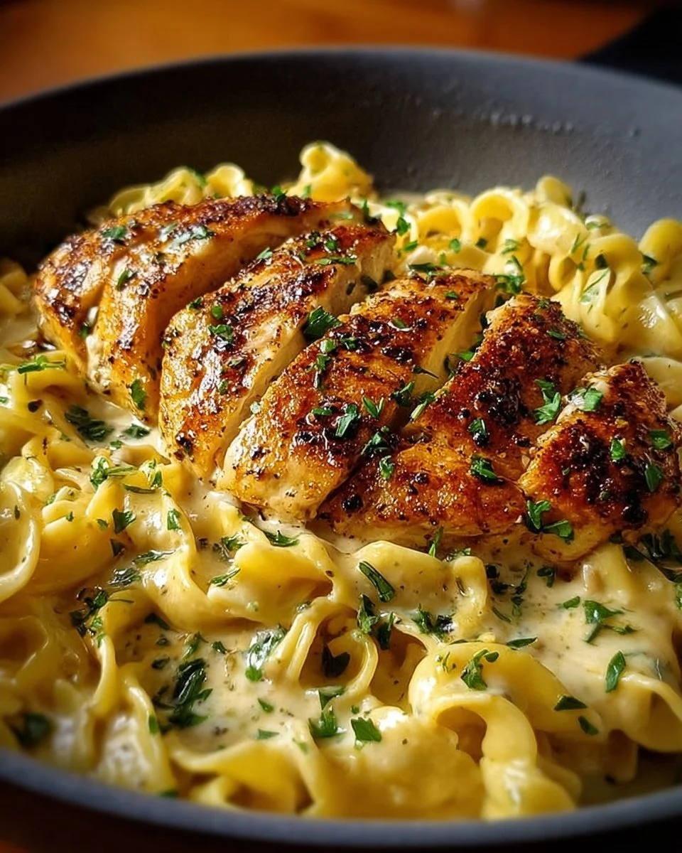 Plate of Chicken with Buttered Noodles garnished with parsley