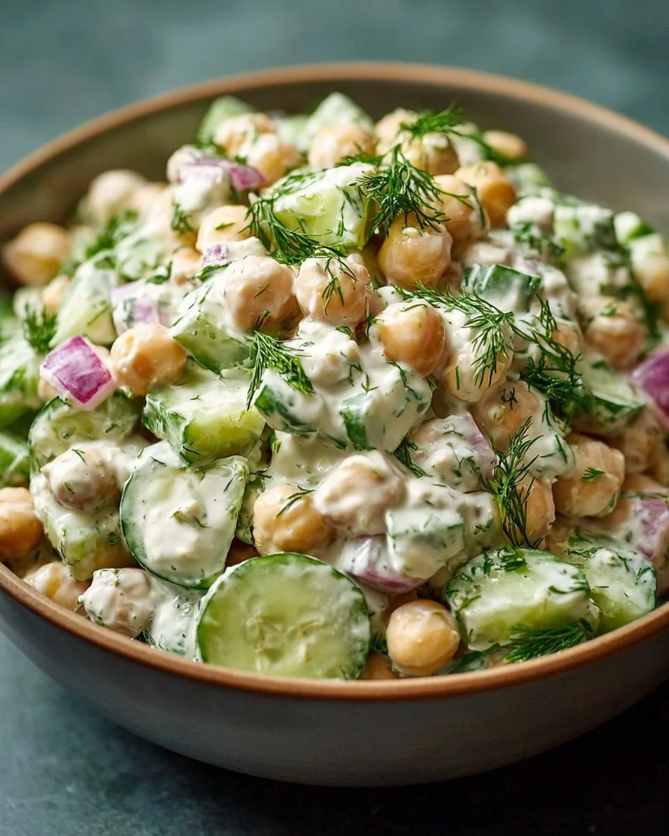 Chickpea and cucumber salad with creamy yogurt dressing served in a bowl