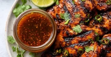 Homemade chili lime marinade in a glass bowl with fresh ingredients