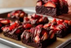 Delicious chocolate covered strawberries brownies on a white plate.