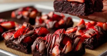 Delicious chocolate covered strawberries brownies on a white plate.