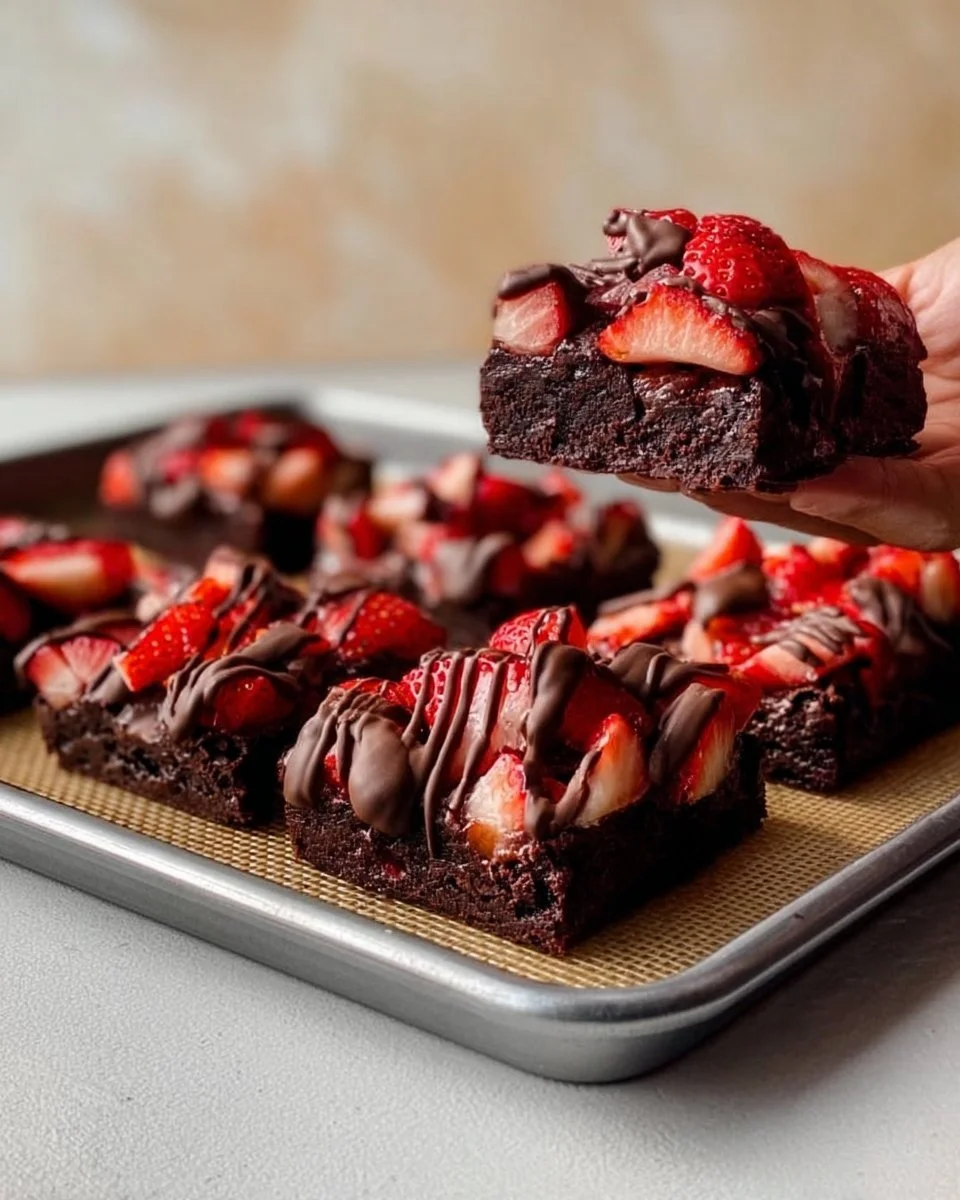 Delicious chocolate covered strawberries brownies on a white plate.