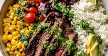 Cilantro lime steak bowls garnished with fresh cilantro and lime wedges