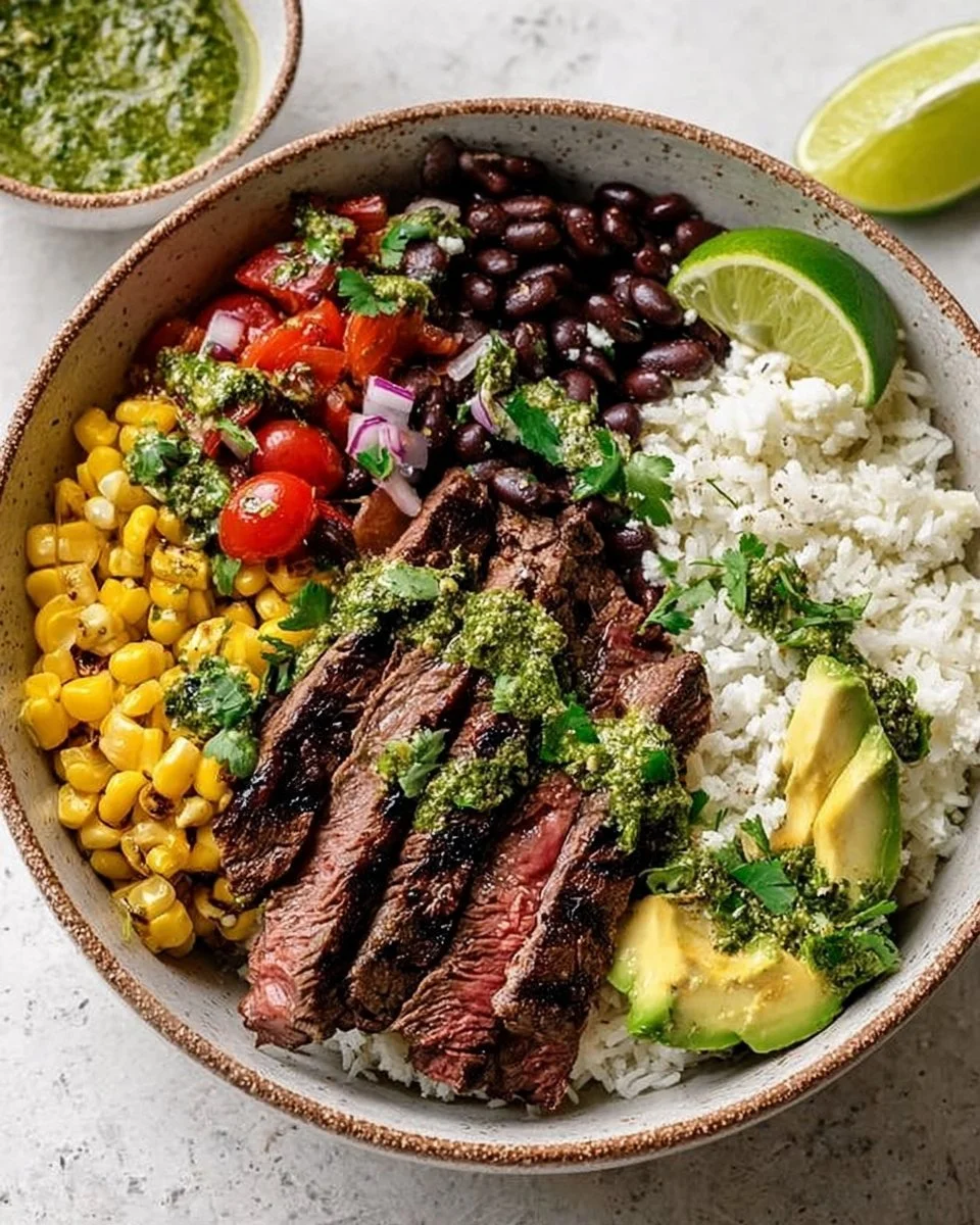 Cilantro lime steak bowls garnished with fresh cilantro and lime wedges