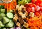 Classic house salad with mixed greens, tomatoes, cucumbers, and dressing.
