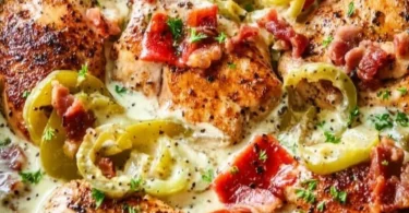 Creamy banana pepper chicken skillet with vibrant peppers and seasonings