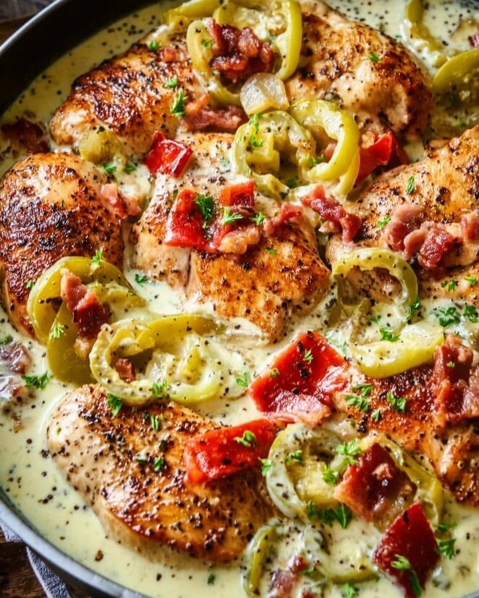 Creamy banana pepper chicken skillet with vibrant peppers and seasonings