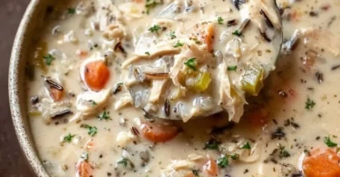 Bowl of creamy crockpot chicken wild rice soup with fresh herbs and vegetables