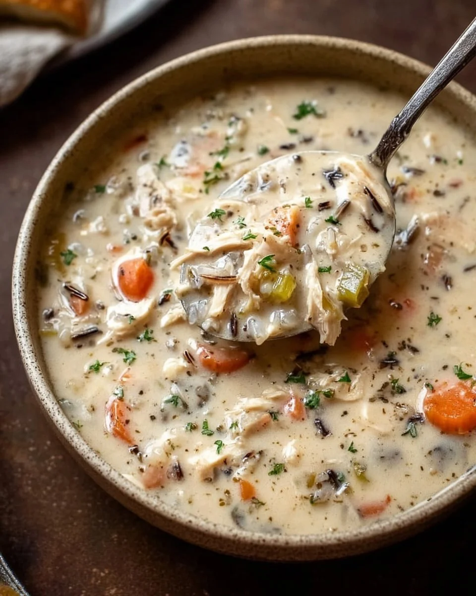 Bowl of creamy crockpot chicken wild rice soup with fresh herbs and vegetables
